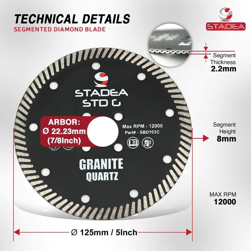 Stadea SBD103C Diamond Saw Blade 5-Inch Continuous Turbo Dry Cutting - Cuts Granite Quartz Quartzite, Fits Grinder, Saw Cutter, 8 MM Segments - Pack of 1 - Image 2